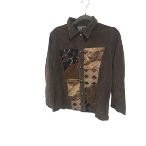 Indigo Moon Womens Brown Faux Suede Patchwork Brocade Jacket Small A-0011 Boho
